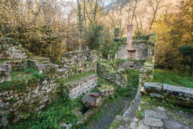 Ruins of Moulin du Tournefeuille, an abandoned 18th century water mill, near Grammat on the Alzou river in the Lot region of France clipart