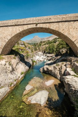 Akdeniz 'in Akdeniz adası Korsika' daki Albertacce 'deki Ponte Altu köprüsü, uzaktaki Monte Albanu ile açık Golo nehrinin üzerinden geçiyor.