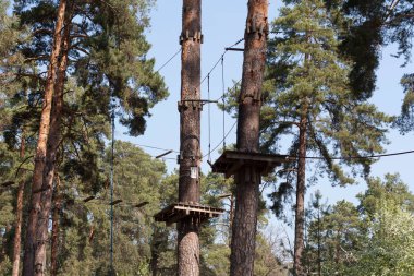 Extreme sporu, halatla tırmanma kurtarma ekibiyle sona erdi. Macera parkı ip merdiveninde spor haftasonu aksiyonu. Eğlence için halat, takım fotoğrafı.