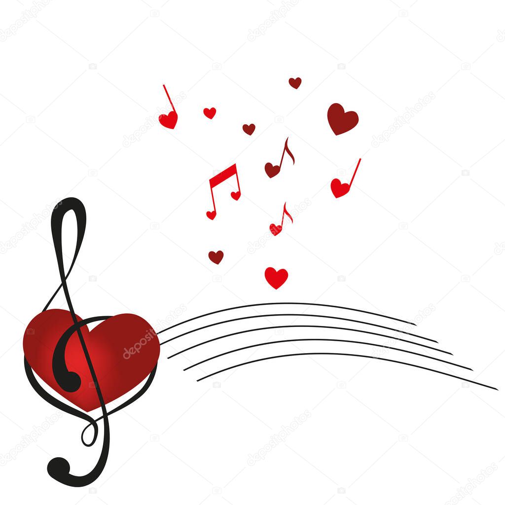Music key and heart abstract hand drawn vector logo and icon. Musical theme flat design template. Isolated on the white background