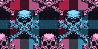 kafatası dikişsiz desen, ekose işlemeli tasarım punk arkaplan, kemik grafik tasarım sokak çizgi sanatı, tekstil moda, kumaş baskısı için sanat, kıyafetler, mendil veya afiş web sitesi