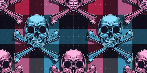 Totenkopf Nahtlose Muster Karierte Stickerei Design Bild Punk Hintergrund Knochengrafik — Stockvektor