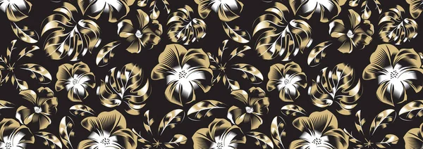 Motif Hawaii Floral Sans Couture Sur Fond Noir Éléments Fleurs — Image vectorielle