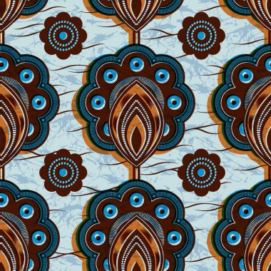 Çiçekli Afrika kumaşı, soyut, kusursuz desen, Tekstil Sanatı. Kumaş Baskısı için Etnik Sanatlar