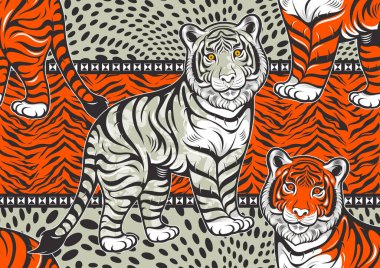 Afrika kaplanı dokusu pürüzsüz desen, ekran gömleği kumaş baskısı, tekstil tasarımı, çizgi film mizahı, hayvan karakteri tasarımı, el çizimi çizimi çizimi çizimi.