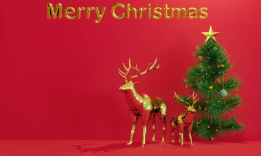 Mutlu Noeller ve yeni yıl arkaplanı 3D görüntüleme. Yeni yıl ve Noel arkaplanı. 2023 'ü kutlayalım. Ren geyiği ve küçük çam ağacı. Tebrik kartı, afiş, poster.