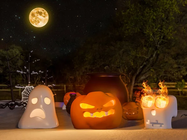 Happy Halloween  pumpkin head jack o\'lantern 3d rendering with friends . holloween wallpaper with spooky pumpkin face, pumpkin lamp.