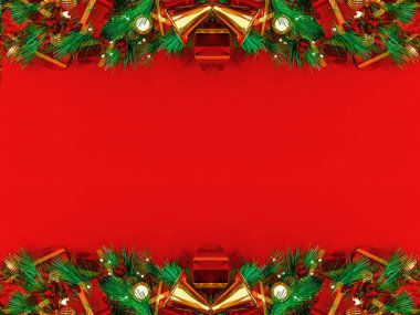 Noel arkaplanı 3D görüntüleme. Kırmızı arka planda çam kozalakları ve ladin dallı Noel hediye kutusunun en üst görüntüsü..