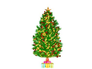 Üç boyutlu Noel ağacı ya da çam ağacını, Yuvarlak Noel Süsleme Baloları ve hediye kutusuyla beyaz arka planda izole camdan bir top şeklinde hazırlamak. Kesme yolu. 