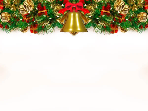 圣诞背景3D渲染 有云杉枝 松果和白色背景铃铛的圣诞礼品盒的顶部视图 — 图库照片