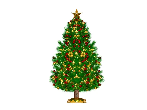 3Dレンダリングクリスマスツリーやラウンドクリスマスオーナメントボールとギフトボックスと松の木 白い背景に隔離されたガラスボールで — ストック写真