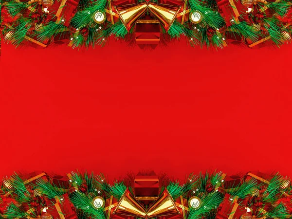 Boże Narodzenie Tło Renderowania Widok Góry Pudełko Świąteczne Gałązek Świerkowych — Zdjęcie stockowe