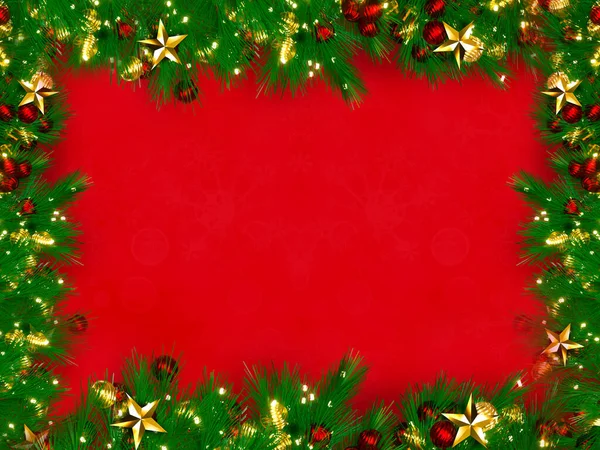 圣诞背景3D渲染 圣诞礼品盒顶部 有云杉枝 红底松果 — 图库照片