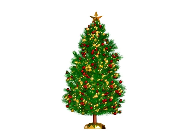 3D渲染圣诞树或松树与圆形圣诞装饰球和礼品盒 玻璃球隔离在白色背景 收割路径 — 图库照片