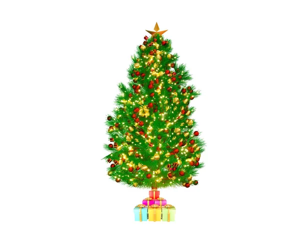 Απόδοση Χριστουγεννιάτικο Δέντρο Πεύκο Στρογγυλό Χριστουγεννιάτικο Στολίδι Μπάλες Και Κουτί — Φωτογραφία Αρχείου