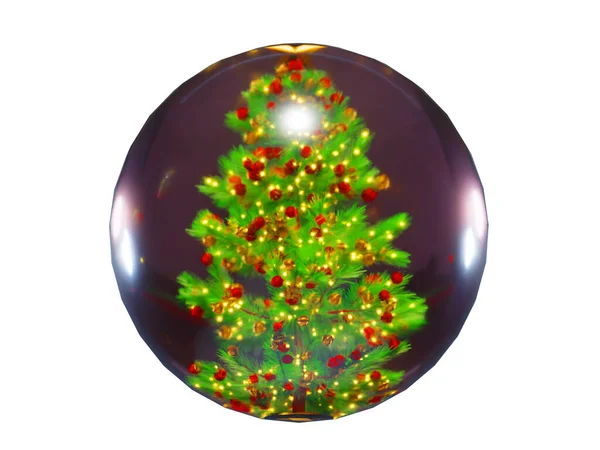 3Dレンダリングクリスマスツリーや白い背景に隔離されたガラスボールで ラウンドクリスマスオーナメントボールやギフトボックスと松の木 クリッピングパス — ストック写真