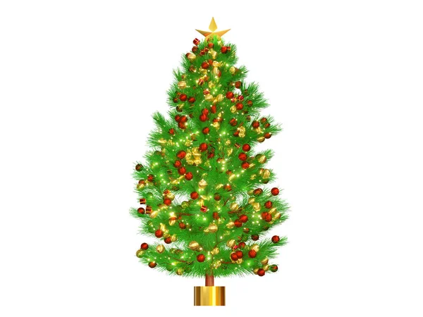 3Dレンダリングクリスマスツリーや白い背景に隔離されたガラスボールで ラウンドクリスマスオーナメントボールやギフトボックスと松の木 クリッピングパス — ストック写真