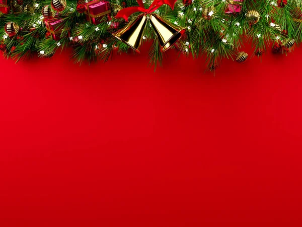 クリスマスの背景3Dレンダリング トウヒの枝を持つクリスマスギフトボックスのトップビュー 赤の背景に松のコーン — ストック写真