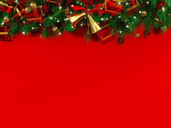 Kerst Achtergrond Rendering Bovenaanzicht Van Kerstgeschenkdoos Met Sparren Takken Dennenappels — Stockfoto