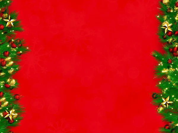 圣诞背景3D渲染 圣诞礼品盒顶部 有云杉枝 红底松果 — 图库照片