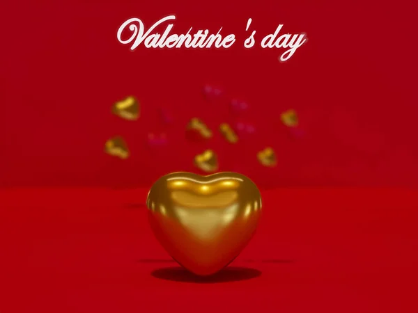 Happy Valentines Day Rendering Red Golden Heart Balloons Gold Metal — Fotografia de Stock