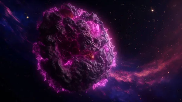 3D giant purple space planet of fantasy galaxy world, vector alien universe earth. Purple planet or big asteroid with craters for galaxy game, fantastic alien earth or moon planet in cosmos sky.Generative AI.
