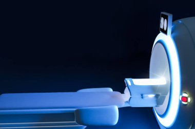 MRI tarayıcısının yan görüntüsü - Manyetik rezonans görüntüleme cihazı hastanenin 3 boyutlu görüntülemesinde. Tıbbi Ekipman ve Sağlık Hizmetleri geçmişi.