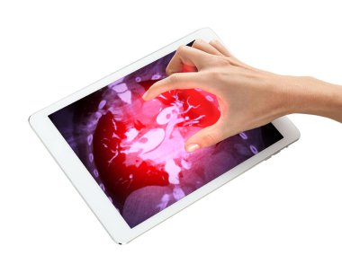 The hand in the image guides your attention to the tablet, where a visual representation depicts pulmonary embolism, aiding in easy understanding.Clipping path. clipart