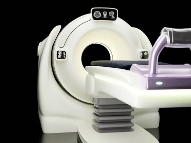 Tomografi odasında yüksek çözünürlüklü tıbbi teşhisler için kullanılan 3D görüntüleme Modern CT tarayıcısı bulunuyor..