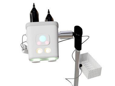 Beyaz arka planda izole edilmiş CT tarayıcı görüntüsü için enjektör modern tıbbi ekipmanları gösteriyor. Kesme yolu.