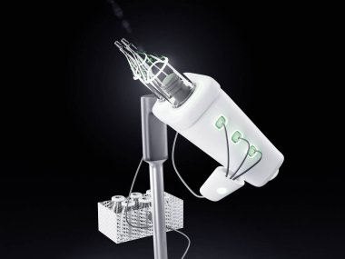 Siyah zemin üzerinde izole edilmiş CT tarayıcı görüntüsü için enjektör modern tıbbi ekipmanları gösterir. 