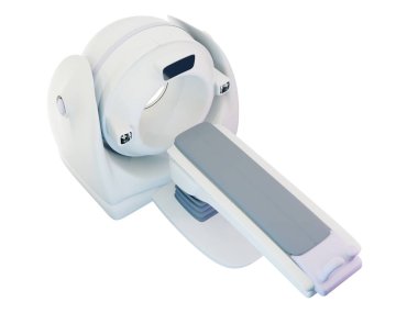 Beyaz arka planda izole edilmiş 3D CT tarayıcı görüntüsü modern tıbbi ekipmanları gösteriyor. Kesme yolu.