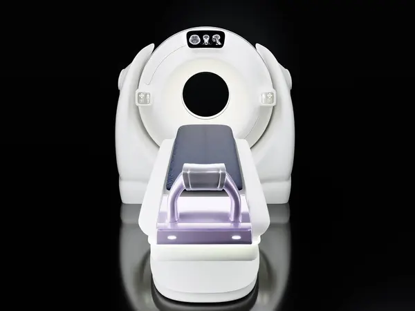 stock image The CT scan room features a 3D rendering Modern CT scanner, used for high-resolution medical diagnostics.