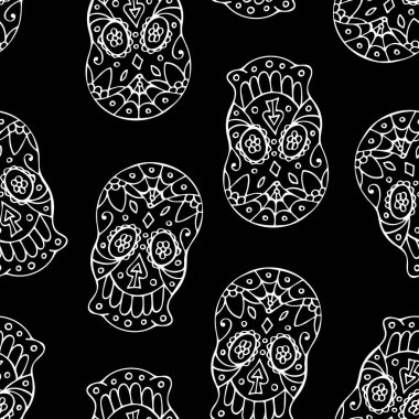 Geleneksel Meksikalı Eli Çizilmiş Siyah ve Beyaz Kafatası desenli. Dia De los Muertos Tatil Sembolü.