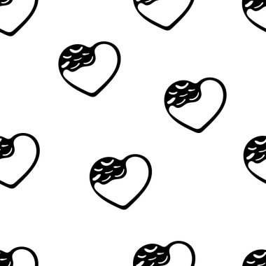 Doodle Tarzı Kalpler Elle Çizilmiş Kusursuz Örnekler. Sevgililer Günü için Romantik Aşk Dijital Kağıdı. Siyah Kalpler Beyaz Arkaplanda.