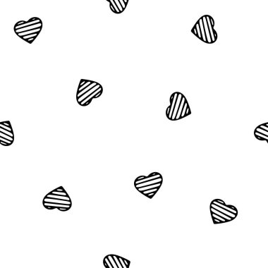 Doodle Tarzı Kalpler Elle Çizilmiş Kusursuz Örnekler. Sevgililer Günü için Romantik Aşk Dijital Kağıdı. Siyah Kalpler Beyaz Arkaplanda.