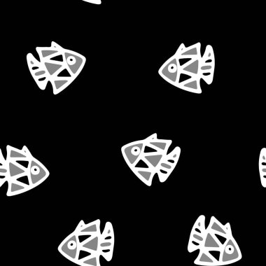 Siyah ve Beyaz Balıklar Kusursuz Şablon. Elle çizilen Doodle Şirin Balıklar için arka plan. Çizgi Deniz Hayvanı illüstrasyonu. Sualtı Dünya Dijital Kağıdı.