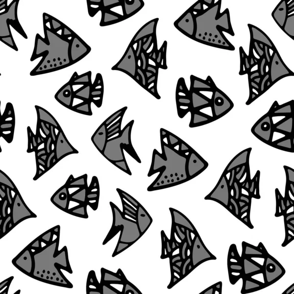 Black and White Fishes Seamless Pattern. Background for Kids with Hand drawn Doodle Cute Fish. Cartoon Sea Animals illustration. Underwater World Digital Paper.