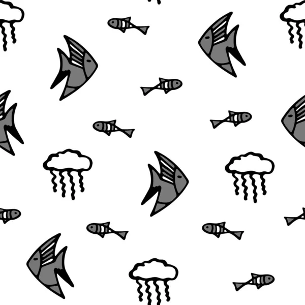 Black and White Fish and Jellyfish Seamless Pattern. Background for Kids with Hand drawn Doodle Cute Fish and Jelly Fish. Cartoon Sea Animals illustration. Underwater World Digital Paper.