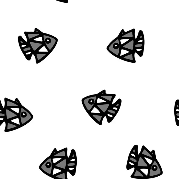 Black and White Fishes Seamless Pattern. Background for Kids with Hand Drawn Doodle Cute Fish. Cartoon Sea Animals illustration. Underwater World Digital Paper.