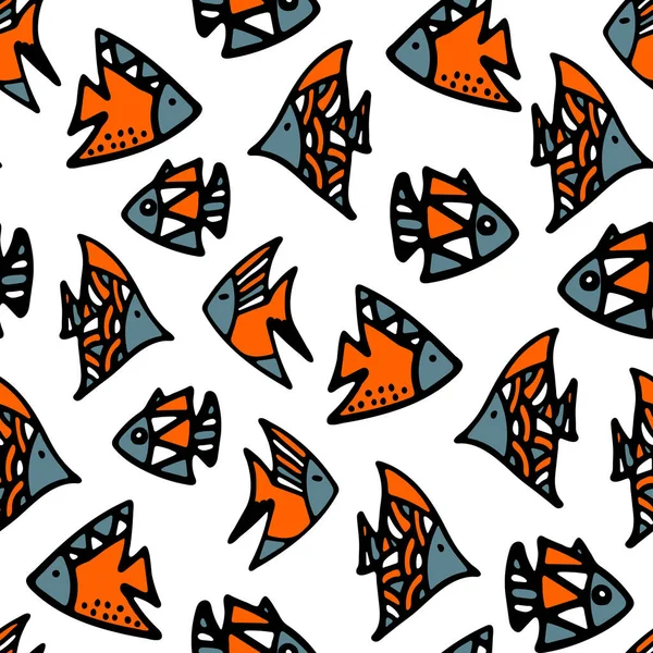 Colorful Fishes Seamless Pattern. Background for Kids with Hand drawn Doodle Cute Fish. Cartoon Sea Animals illustration. Underwater World Digital Paper on White Background.