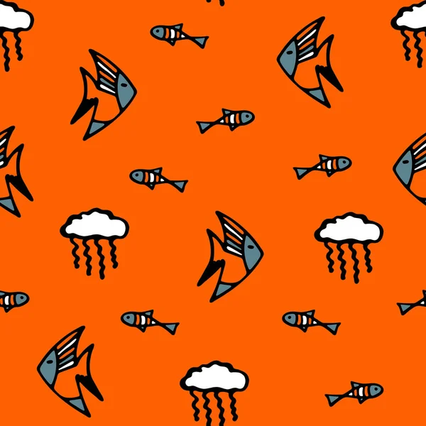 Fish and Jellyfish Seamless Pattern. Background for Kids with Hand drawn Doodle Cute Fish and Jelly Fish. Cartoon Sea Animals illustration. Underwater World Digital Paper on Orange Background.