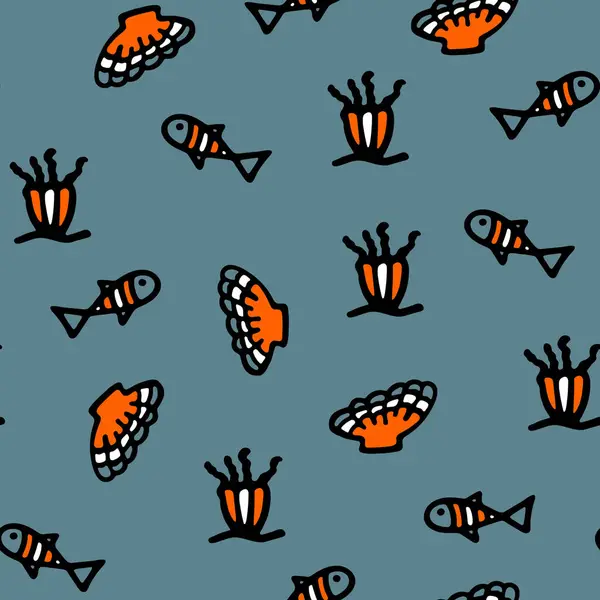 Small Fishes Seamless Pattern. Background for Kids with Hand drawn Doodle Cute Fish, Shellfish and Sea Anemone. Cartoon Sea Animals illustration. Underwater World Digital Paper.