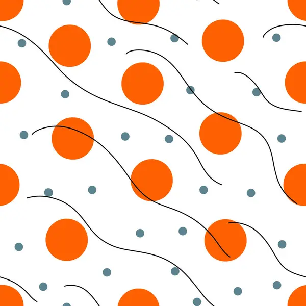 Seamless Pattern with Circles and Waves. Hand Drawn Water Sea Modern Background. Wavy Beach Brush Stroke. Curly Paint Lines with Orange Circles. Marine Digital Paper.