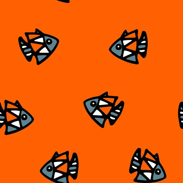 Colorful Fishes Seamless Pattern. Background for Kids with Hand drawn Doodle Cute Fish. Cartoon Sea Animals illustration. Underwater World Digital Paper on Orange Background.