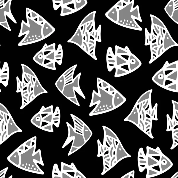 Black and White Fishes Seamless Pattern. Background for Kids with Hand drawn Doodle Cute Fish. Cartoon Sea Animals illustration. Underwater World Digital Paper.