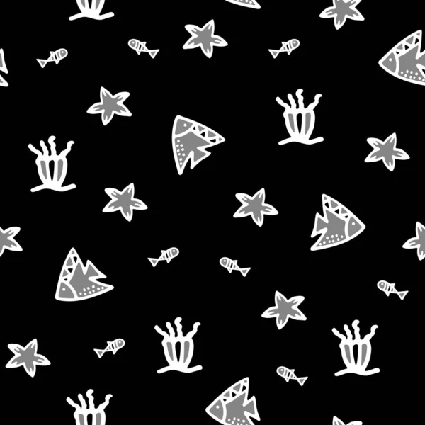 Black and White Fishes Seamless Pattern. Background for Kids with Hand drawn Doodle Cute Fish, Sea Star and Sea Anemone. Cartoon Sea Animals Illustration. Underwater World Digital Paper.