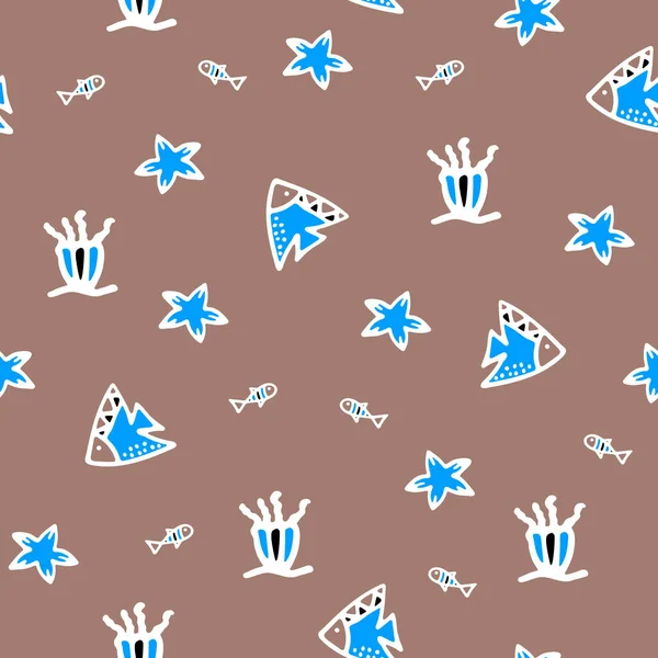 Fishes Seamless Pattern. Background for Kids with Hand drawn Doodle Cute Fish, Sea Star and Sea Anemone. Cartoon Sea Animals Illustration. Underwater World Digital Paper.