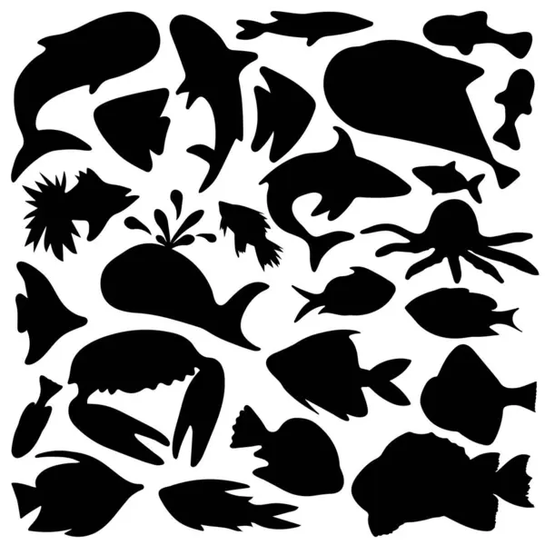 Set of Fish Silhouette. Fish vector by hand drawing. Fish tattoo on white background. Fish Silhouette Collection.