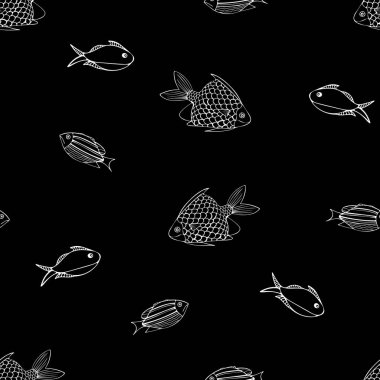 El Çizimi Siyah ve Beyaz Balık Arkaplanı. Balıklı Kusursuz Desen. Deniz Hayvanı Sayısal Belgeleri.